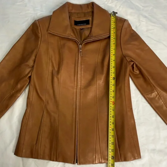 Jones New York Cognac Leather Jacket M Fitted Y2K Zip Tailored Caramel Blazer - Picture 13 of 14